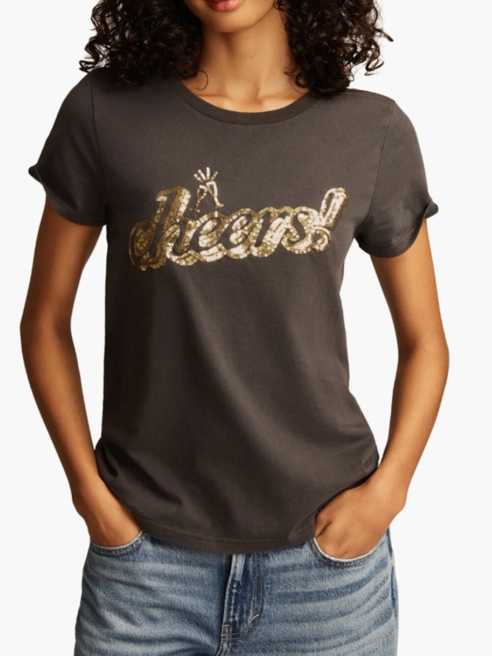 Lucky Brand Sequined Cheers NWT T-Shirt Medium Crewneck Short Sleeve Celebrate